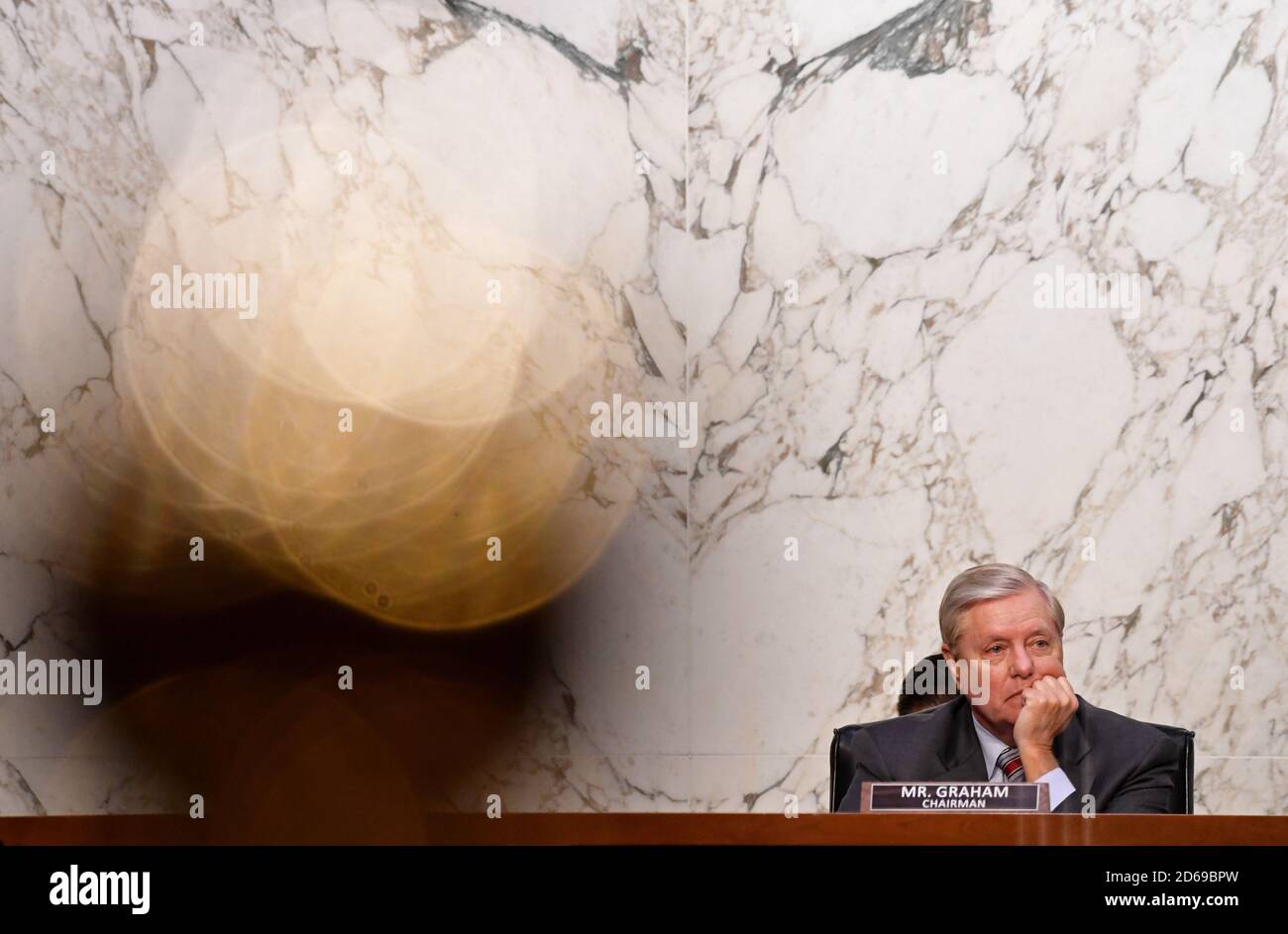 Washington, United States. 15th Oct, 2020. Committee Chairman Sen. Lindsey Graham, R-S.C., pauses during a Senate Judiciary Committee confirmation hearing on the nomination of Amy Coney Barrett for Associate Justice of the Supreme Court, on Capitol Hill in Washington, DC on Thursday, October 15, 2020. If confirmed, Barrett will replace Justice Ruth Bader Ginsburg, who died last month. Photo by Kevin Dietsch/UPI Credit: UPI/Alamy Live News Stock Photo
