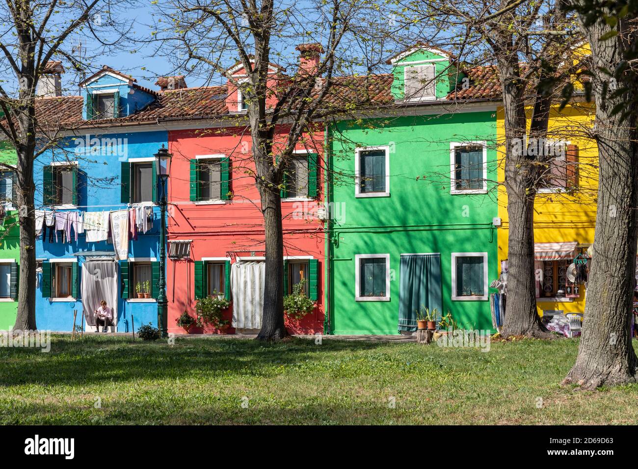 The Venetian Lagoon island of Burano and its traditional brightly coloured picturesque houses, Burano, Venice, Italy. 2020 Stock Photo
