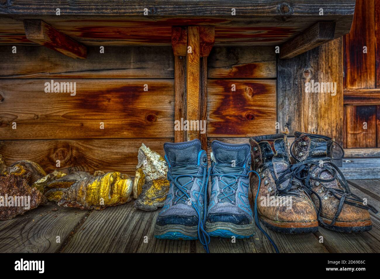 Hiking boots in front of a mountain hut in the Swiss Alps, summer Stock  Photo - Alamy