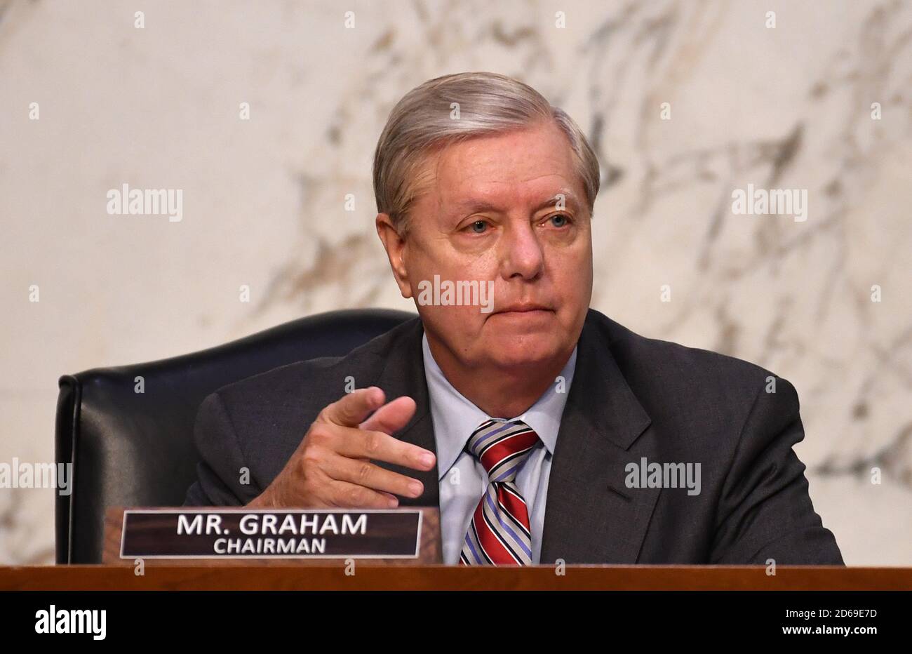 United States Senator Lindsey Graham (Republican of South Carolina), Chairman, US Senate Judiciary Committee, speaks during a Senate Judiciary Committee confirmation hearing on the nomination of Amy Coney Barrett for Associate Justice of the Supreme Court, on Capitol Hill in Washington, DC on Thursday, October 15, 2020. If confirmed, Barrett will replace Justice Ruth Bader Ginsburg, who died last month. Credit: Kevin Dietsch/Pool via CNP /MdeiaPunch Stock Photo