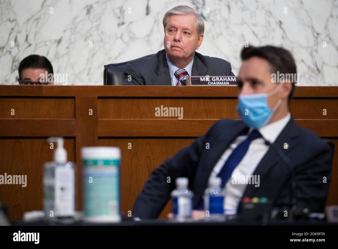 Senate Judiciary Committee Chairman Lyndsey Graham looks on during the confirmation hearing for Supreme Court nominee Judge Amy Coney Barrett before the Senate Judiciary Committee on Capitol Hill in Washington, DC, USA, 15 October 2020. Barrett was nominated by President Donald Trump to fill the vacancy left by Justice Ruth Bader Ginsburg who passed away in September.Credit: Anna Moneymaker/Pool via CNP /MdeiaPunch Stock Photo