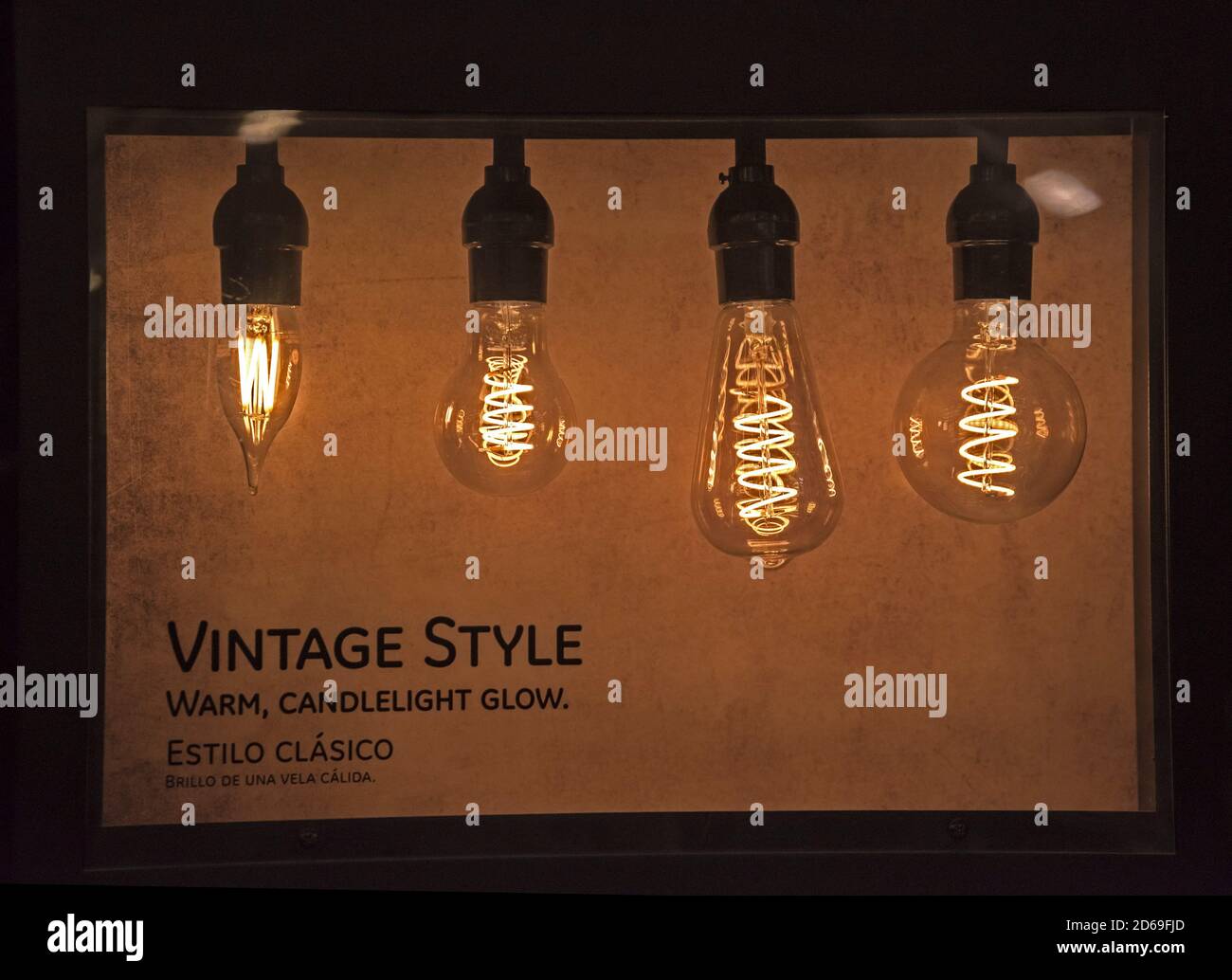 Vintage style light bulbs on display in a home improvement store in Florida. Stock Photo