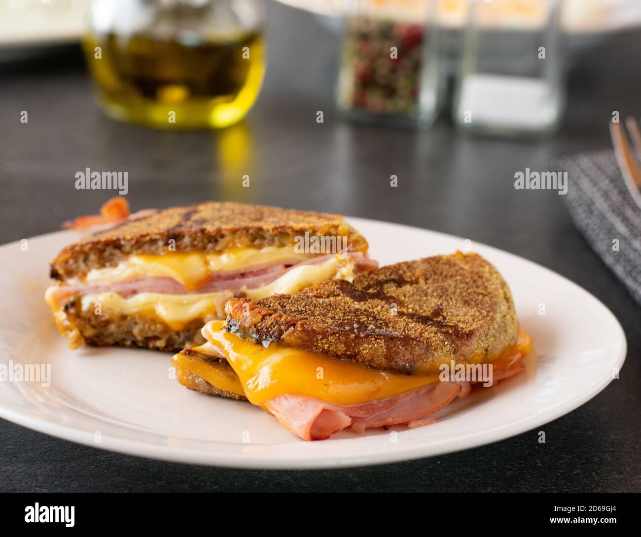 grilled ham and cheese sandwich with whole grain toast Stock Photo