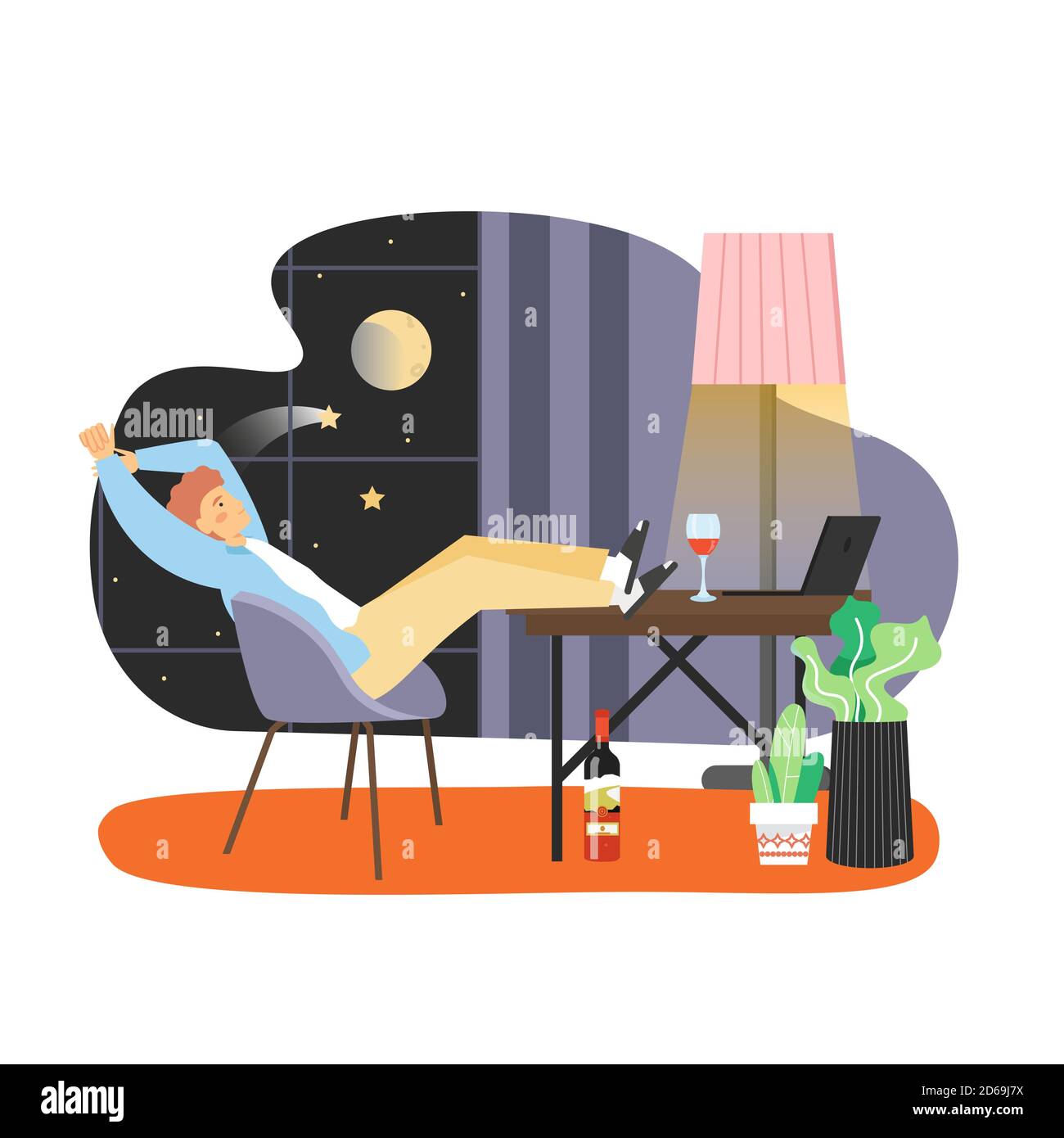 Young man working from home office and drinking wine, flat vector