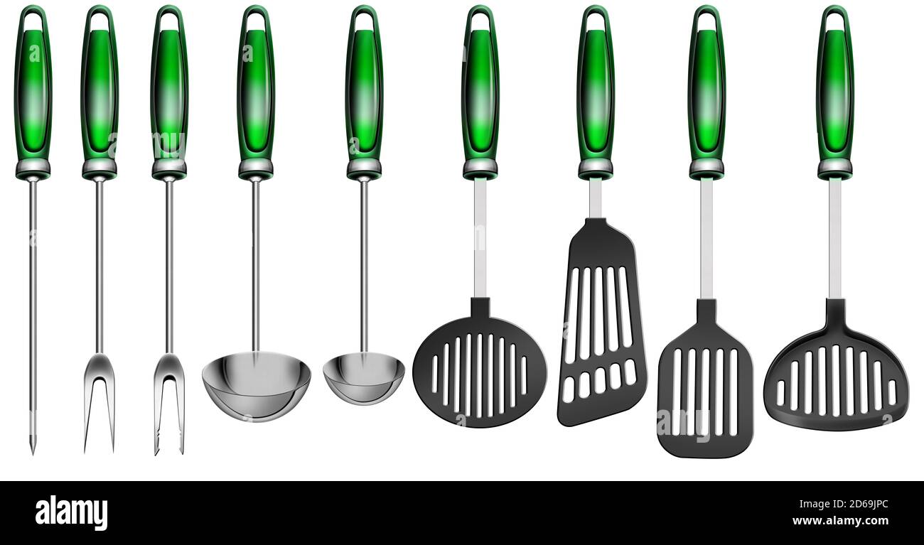 Collection of nine kitchen utensils made of stainless steel and green and  black plastic, isolated on white background. Digitally generated image  Stock Photo - Alamy