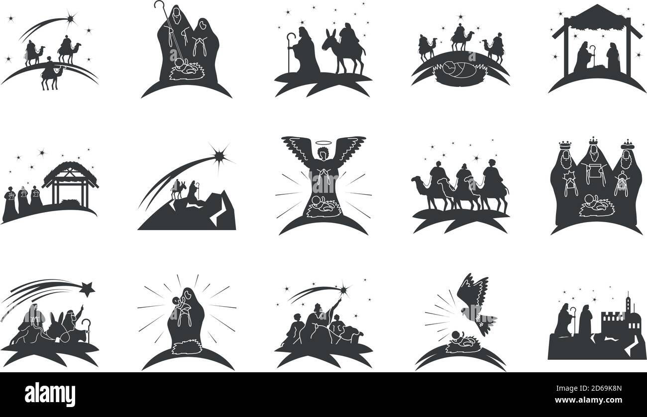 nativity, icons set manger joseph mary baby and three wise vector ...