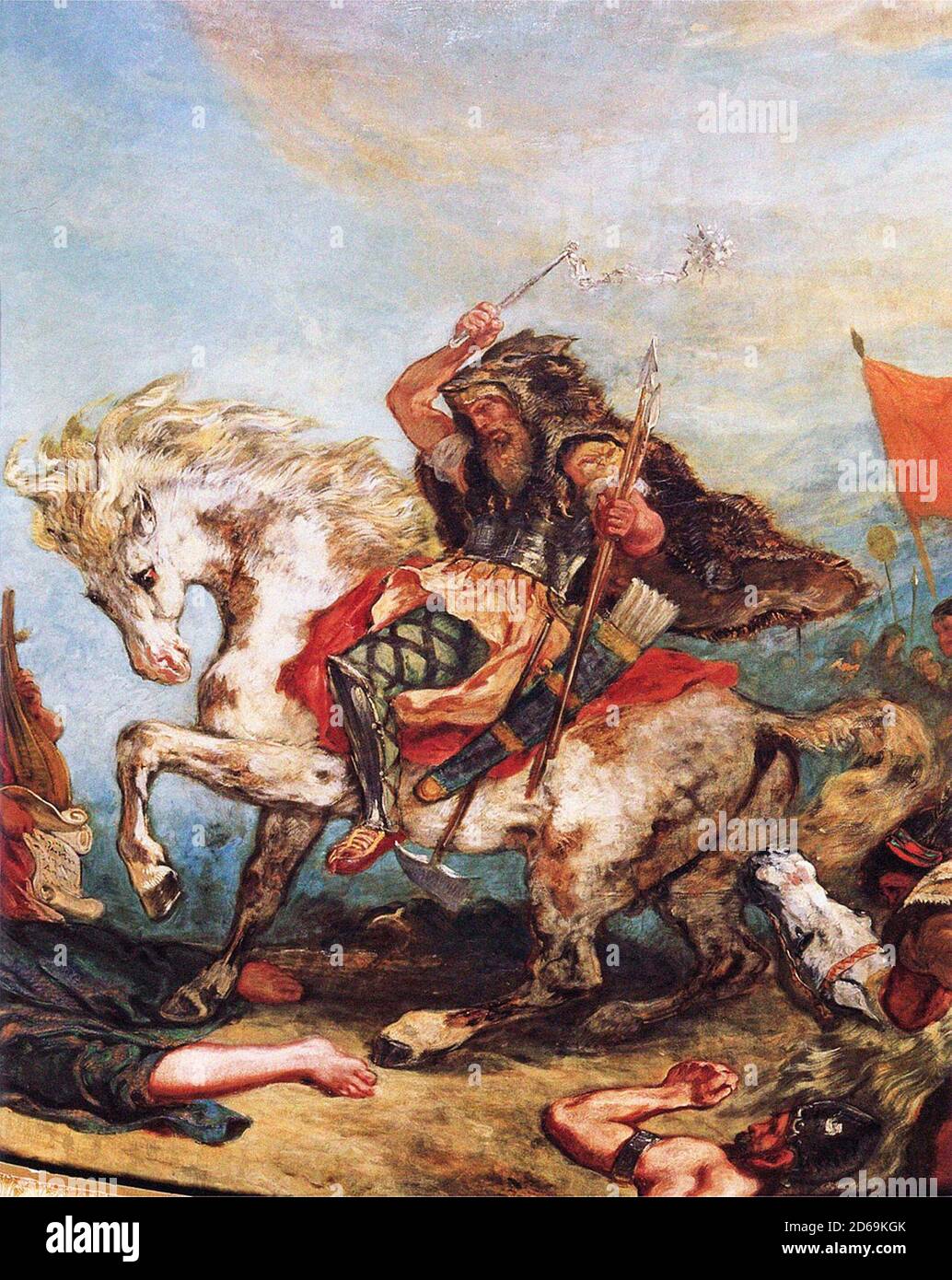 Attila the Hun. Painting of Attila ( c. 406–453) entitled “Attila and his Hordes Overrun Italy and the Arts” by Eugène Delacroix, oil and virgin wax on plaster, c.1843-47. Attila was ruler of the Huns from 434 until his death in March 453 Stock Photo