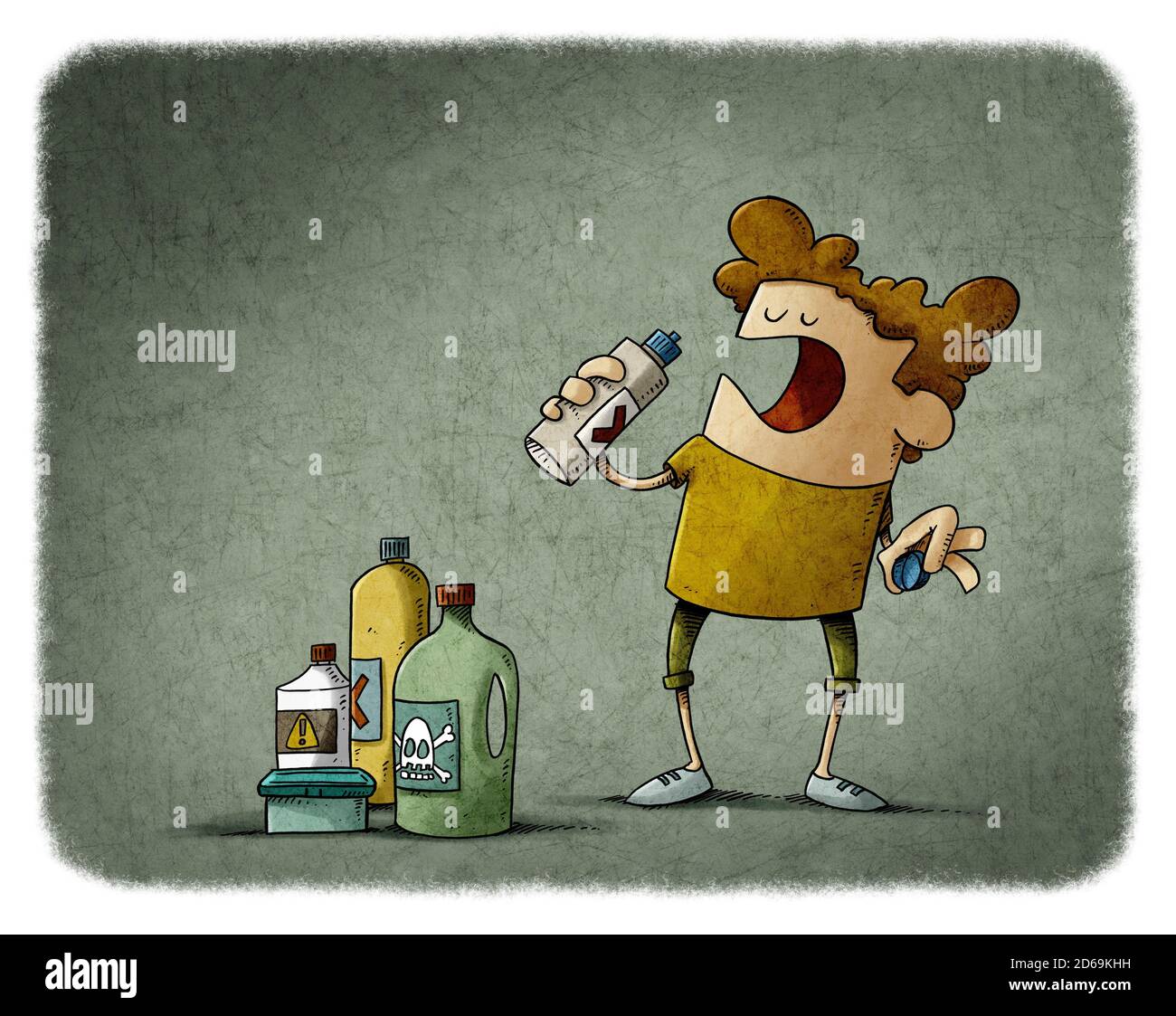 illustration of little boy is going to drink detergent from a bottle