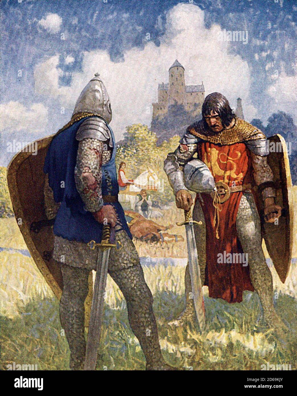 Sir Lancelot. Illustration from “The Boy's King Arthur: Sir Thomas Malory's History of King Arthur and His Knights of the Round Table, Edited for Boys” by Sidney Lanier (1922). Illustration captioned 'I am Sir Launcelot du Lake, King Ban's son of Benwick, and knight of the Round Table.' Stock Photo