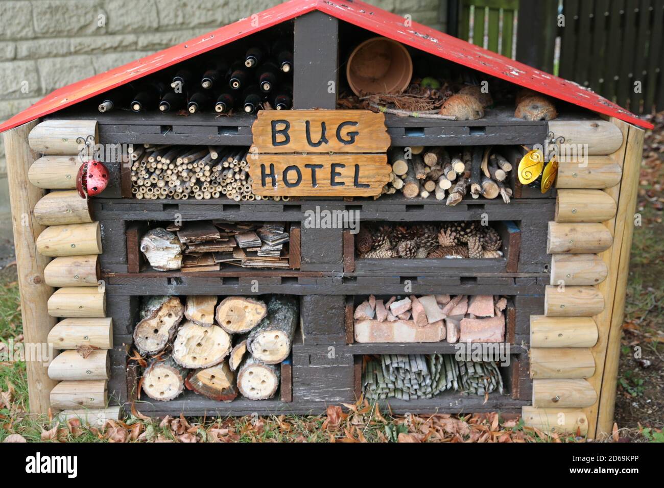 'Bug Snug' This photo was taken at a campsite in the Cotswold, the perfect home for insects homemade by a local school. Stock Photo