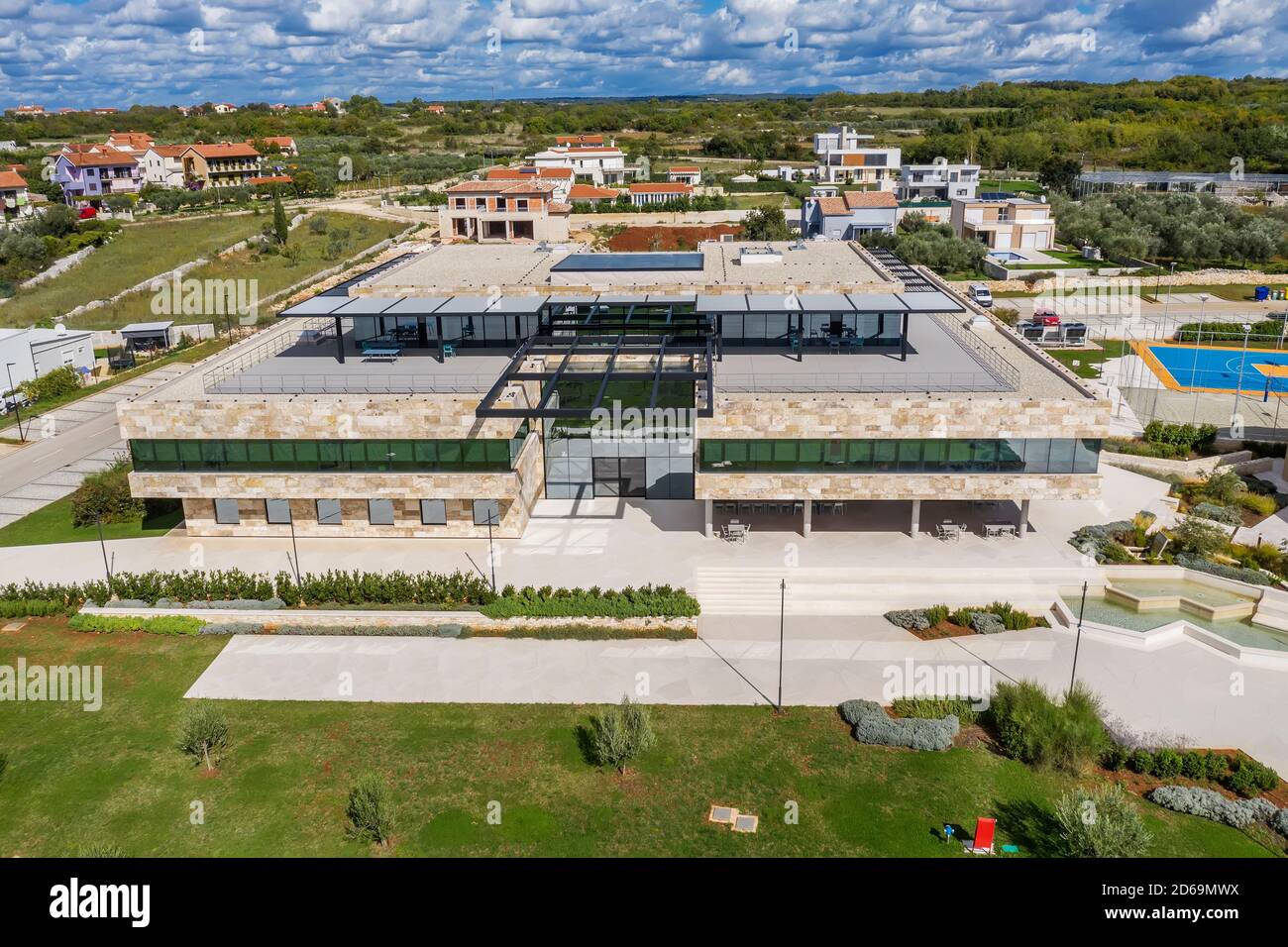 VODNJAN, CROATIA - OCTOBER 6, 2020 - The modern campus of the global IT company Infobip with all the accompanying facilities, aerial view Stock Photo