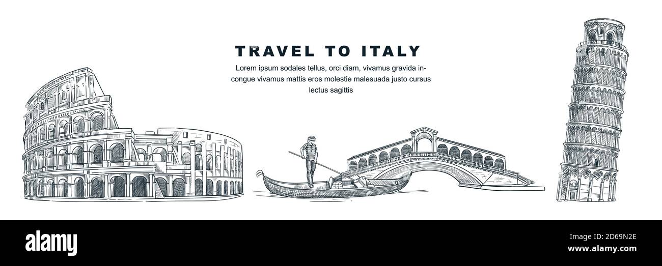 Travel to Italy hand drawn design elements. Vector sketch illustration of Colosseum, Leaning Tower of Pisa, Rialto Bridge. Rome, Venice, Pisa famous s Stock Vector