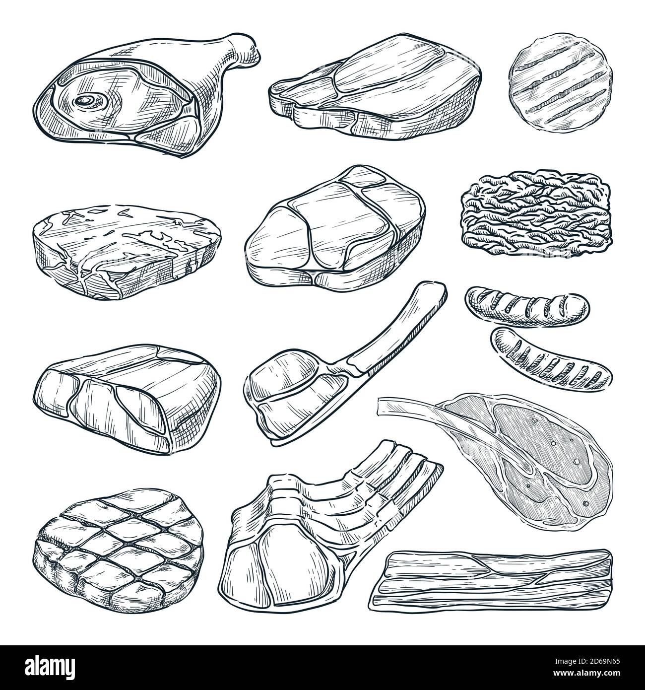 Fresh raw meat collection, sketch vector illustration. Hand drawn food isolated design elements. Pieces of beef steak, ham, pork fillet, lamb chops. Stock Vector