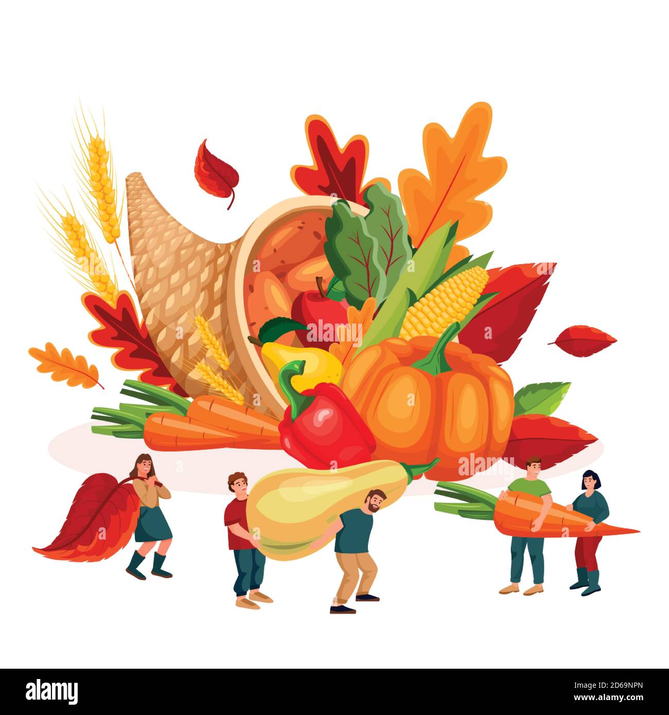 Autumn harvesting and farming concept. Vector flat cartoon illustration for Thanksgiving holiday. Miniature people carrying large vegetables to cornuc Stock Vector