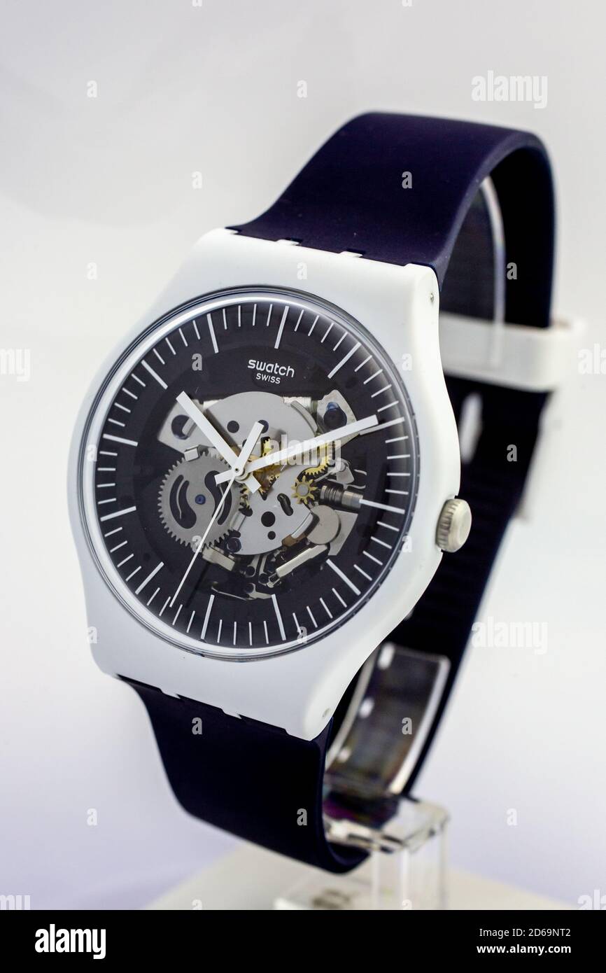 London, GB 07.10.2020 - Swatch metal case swiss made quartz watch on stand  Stock Photo - Alamy