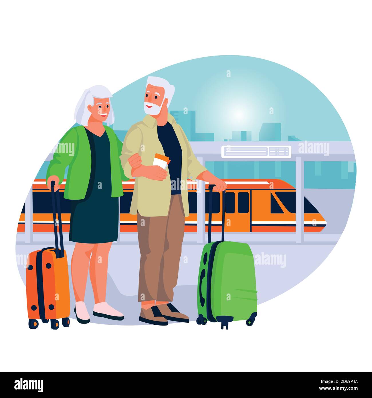 Elderly couple travel by high-speed train. Vector flat cartoon illustration of tourism and vacation for seniors and pensioners. Stock Vector