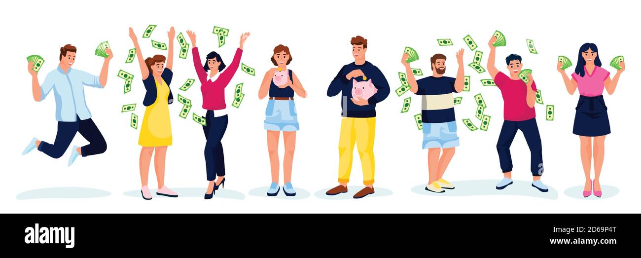 Happy rich people with money, isolated on white background. Jump men and dancing women with dollars banknotes under money rain. Vector flat cartoon il Stock Vector