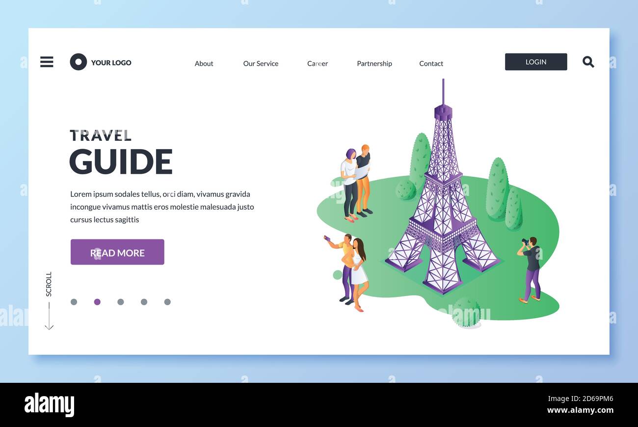 Travel to France and Paris vector 3d isometric illustration. Tourists take pictures near the Eiffel tower. Web landing page, banner or poster design. Stock Vector