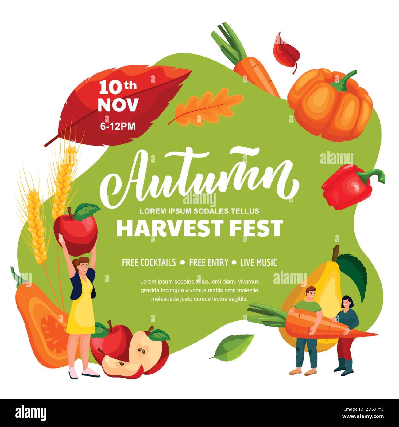 Fall harvest festival poster, banner design layout. Autumn fair or Thanksgiving celebration concept. Vector flat cartoon illustration. Miniature peopl Stock Vector