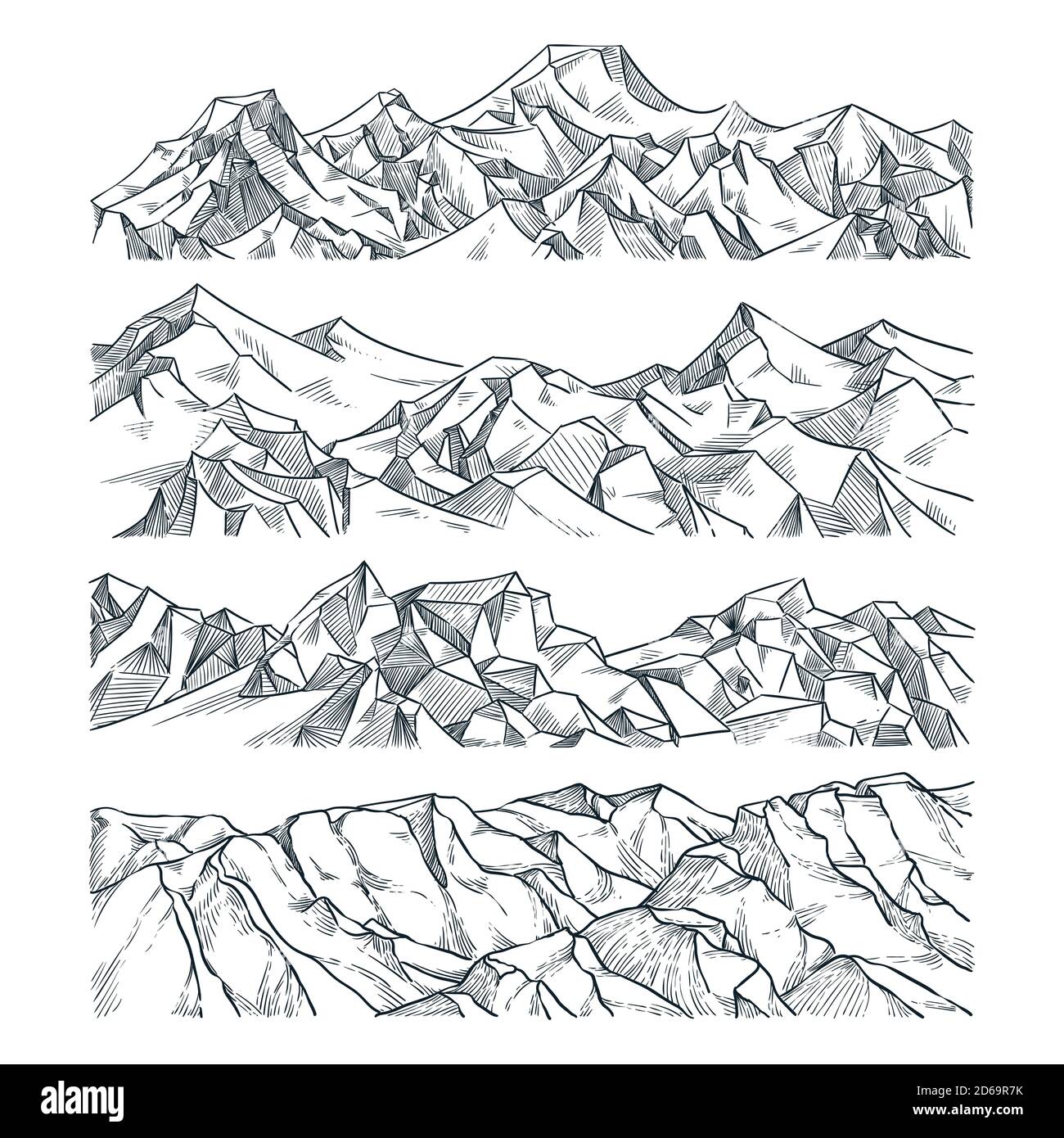 Mountains and rocks horizontal landscape set. Vector sketch illustration. Hand drawn mountain peak, hills, isolated on white background. Travel, outdo Stock Vector