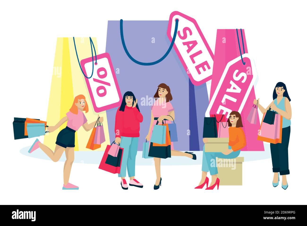 Happy young women with shopping bags make shopping. Vector flat cartoon illustration isolated on white background. Fashion seasonal sale concept. Stock Vector