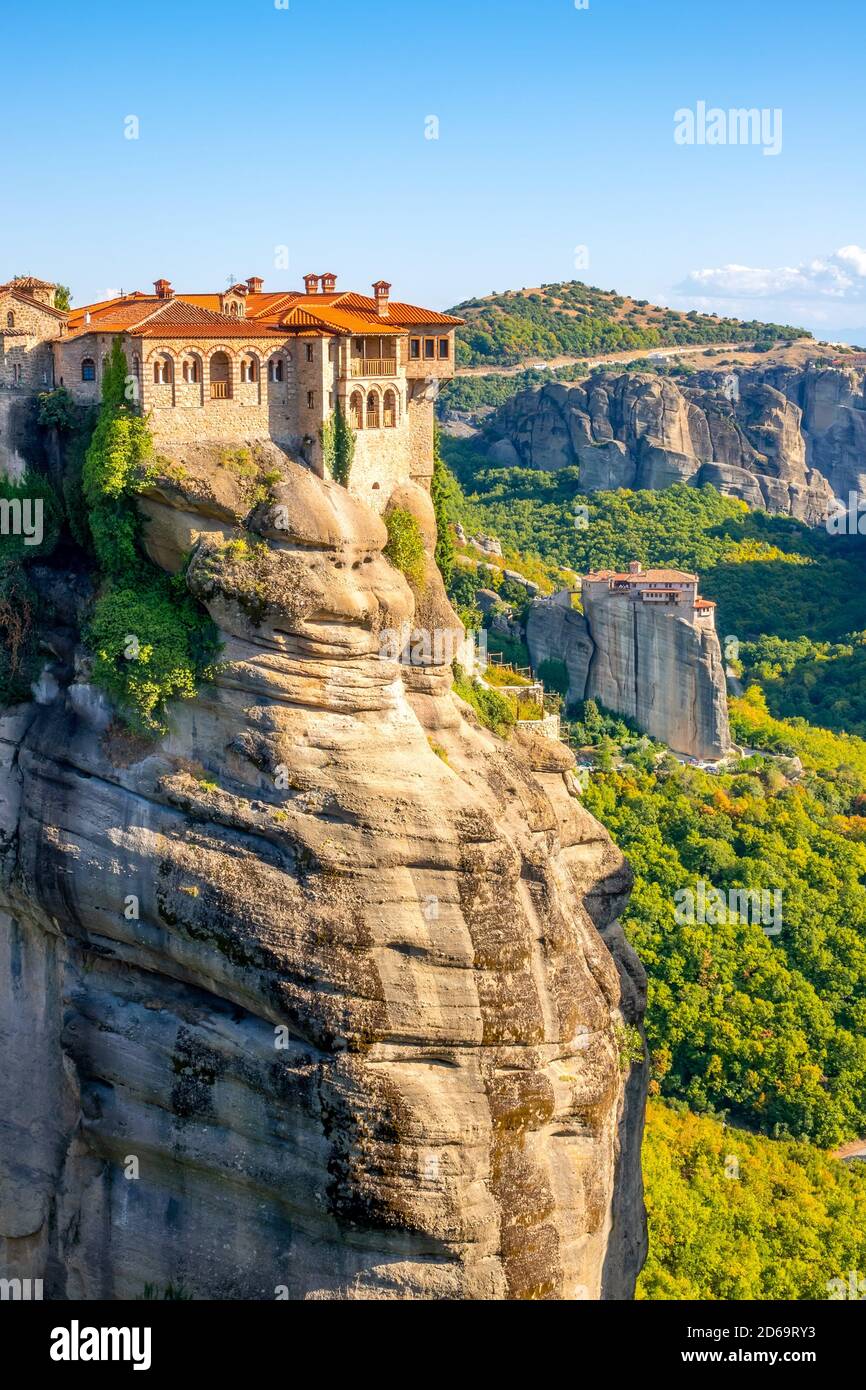 Greece. Summer sunny day in Meteora. Two monasteries on high cliffs. Stock Photo