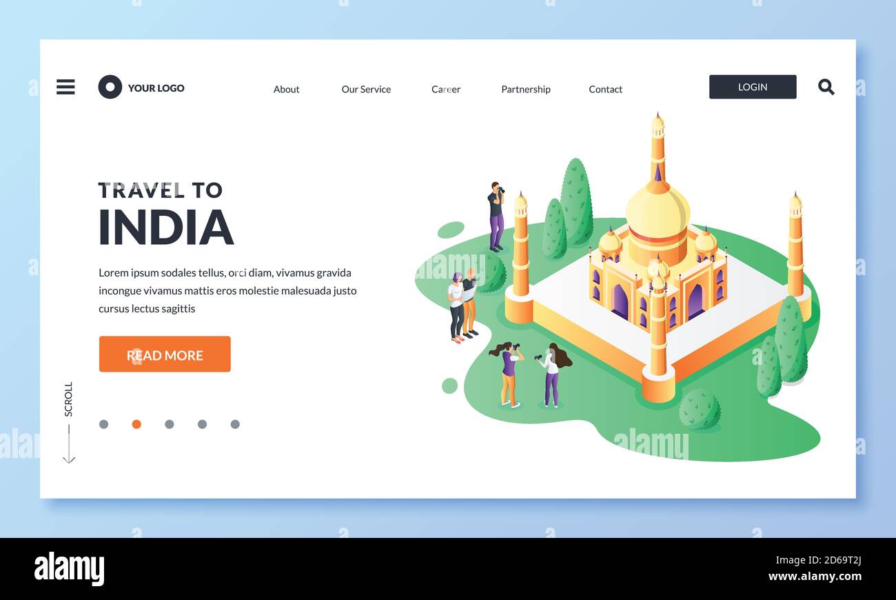 Travel to India vector 3d isometric illustration. Tourists takes pictures of Taj Mahal most famous indian landmark. Web landing page, banner or poster Stock Vector