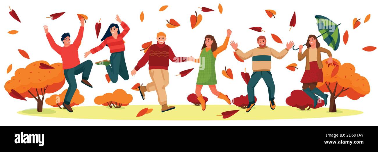 Happy young people in fall park. Vector flat cartoon illustration. Lifestyle and activities in autumn time. Friends have a fun time outdoor. Stock Vector