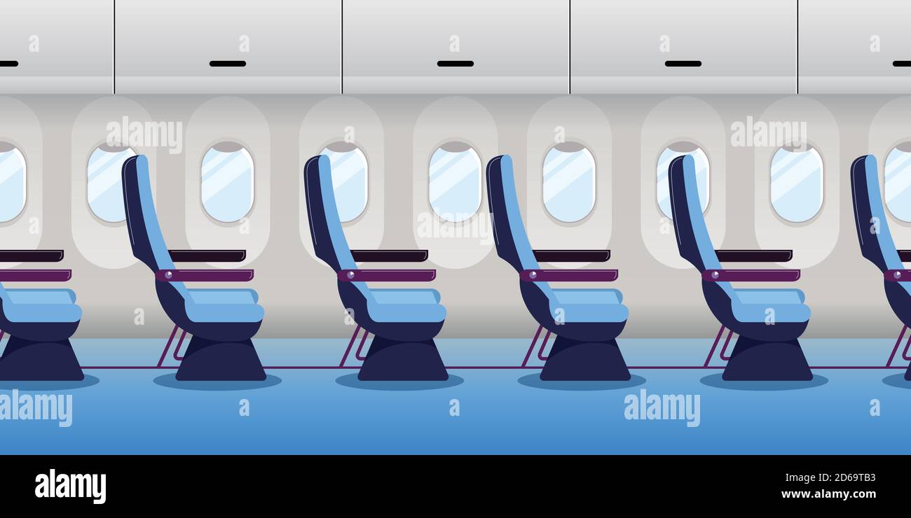 Airplane inside. Empty plane interior, seamless horizontal background. Vector flat cartoon illustration. Economy class flight trip. Stock Vector