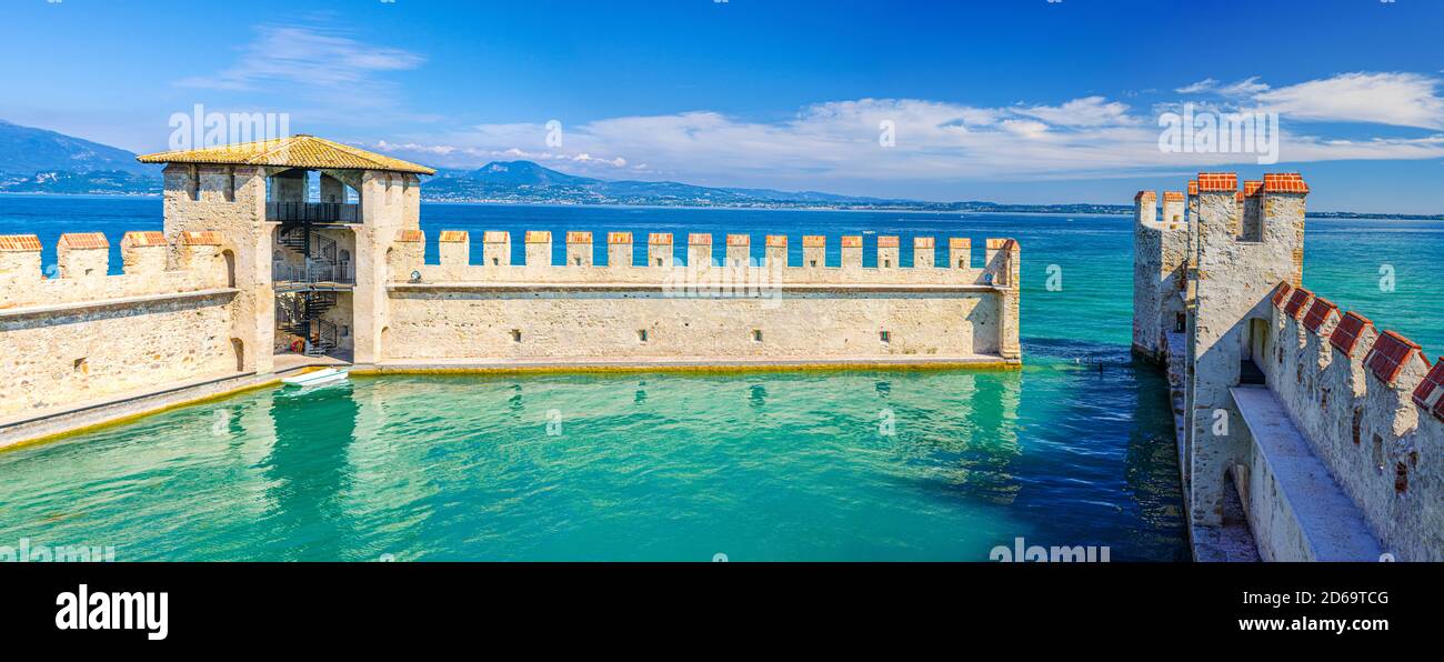 Sirmione, Italy, September 11, 2019 Small fortified harbor with