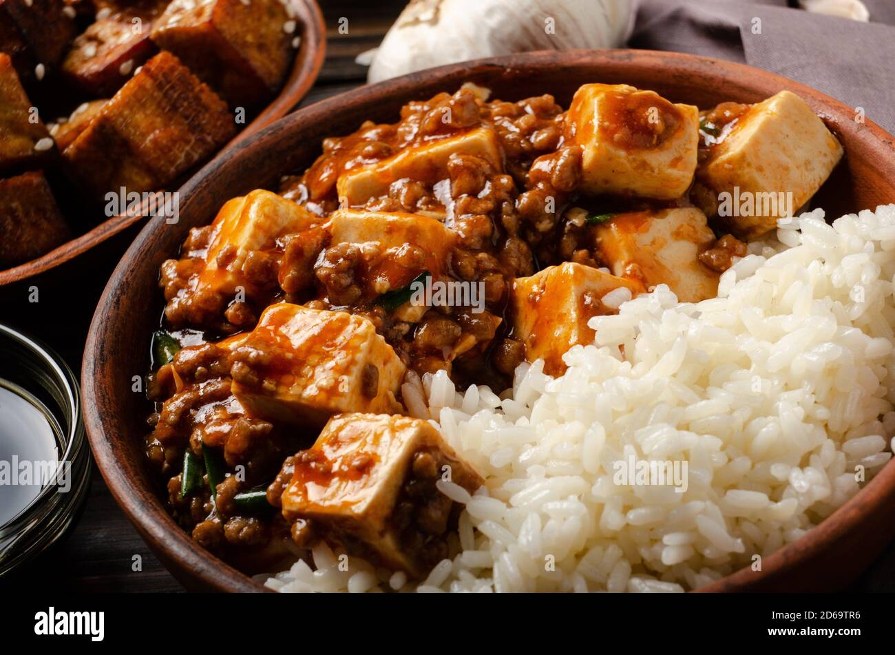 Authentic traditional Chinese food mapo tofu dish with pork and steamed