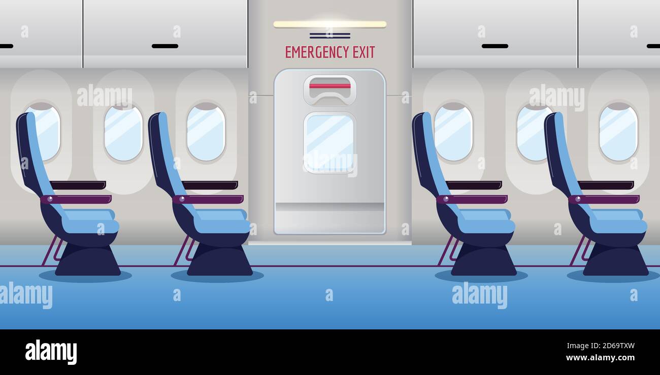 Airplane inside. Empty plane interior with emergency exit door. Vector flat cartoon illustration. Safety aircraft flight concept. Stock Vector