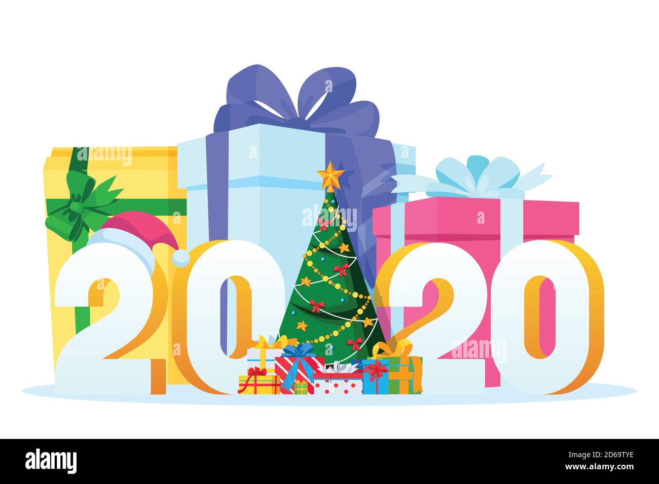 New Year 2020 greeting card. Vector flat cartoon illustration, isolated on white background. Decorated Christmas tree and large colorful gift boxes. Stock Vector