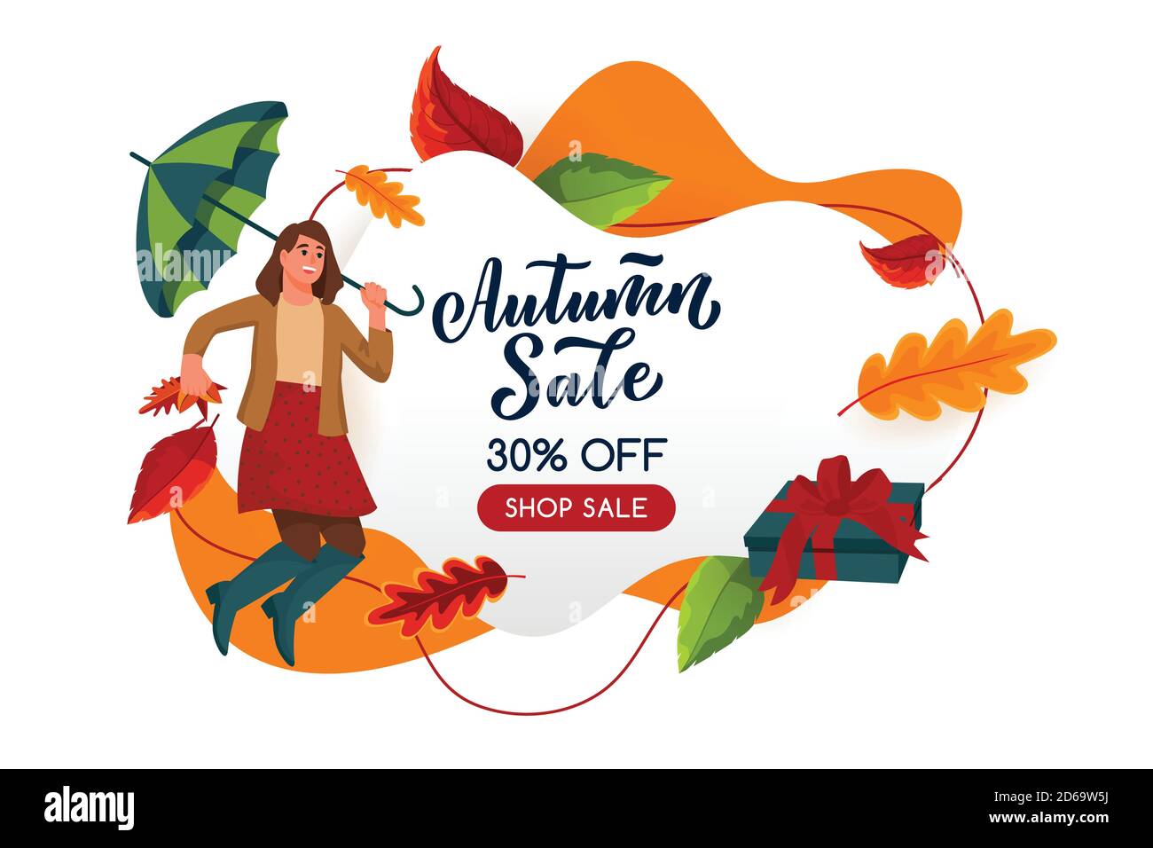 Fall season sale poster, banner design template. Vector flat cartoon illustration of jumping woman with umbrella and multicolor leaves. Autumn abstrac Stock Vector