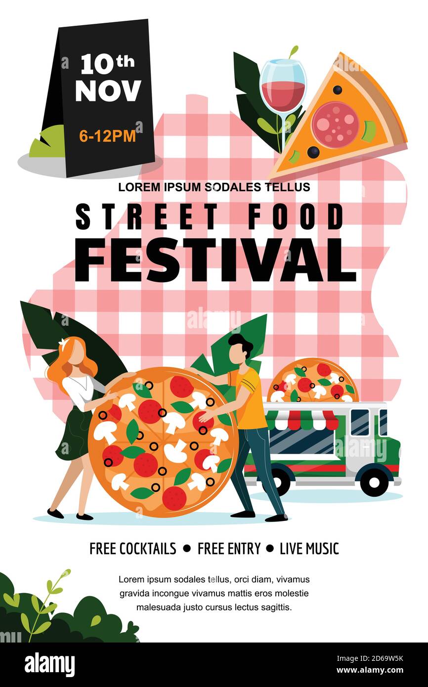 Street food outdoor festival poster or banner design template. Vector flat cartoon illustration. Italian food truck and young couple with large pizza Stock Vector