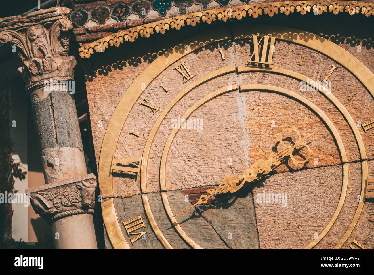 Tbilisi, Georgia. Close Up Details Of Famous Rezo Gabriadze Marionette Theater Clock Tower On Old City. Puppet Theater Museum In Tbilisi, Georgia, Stock Photo