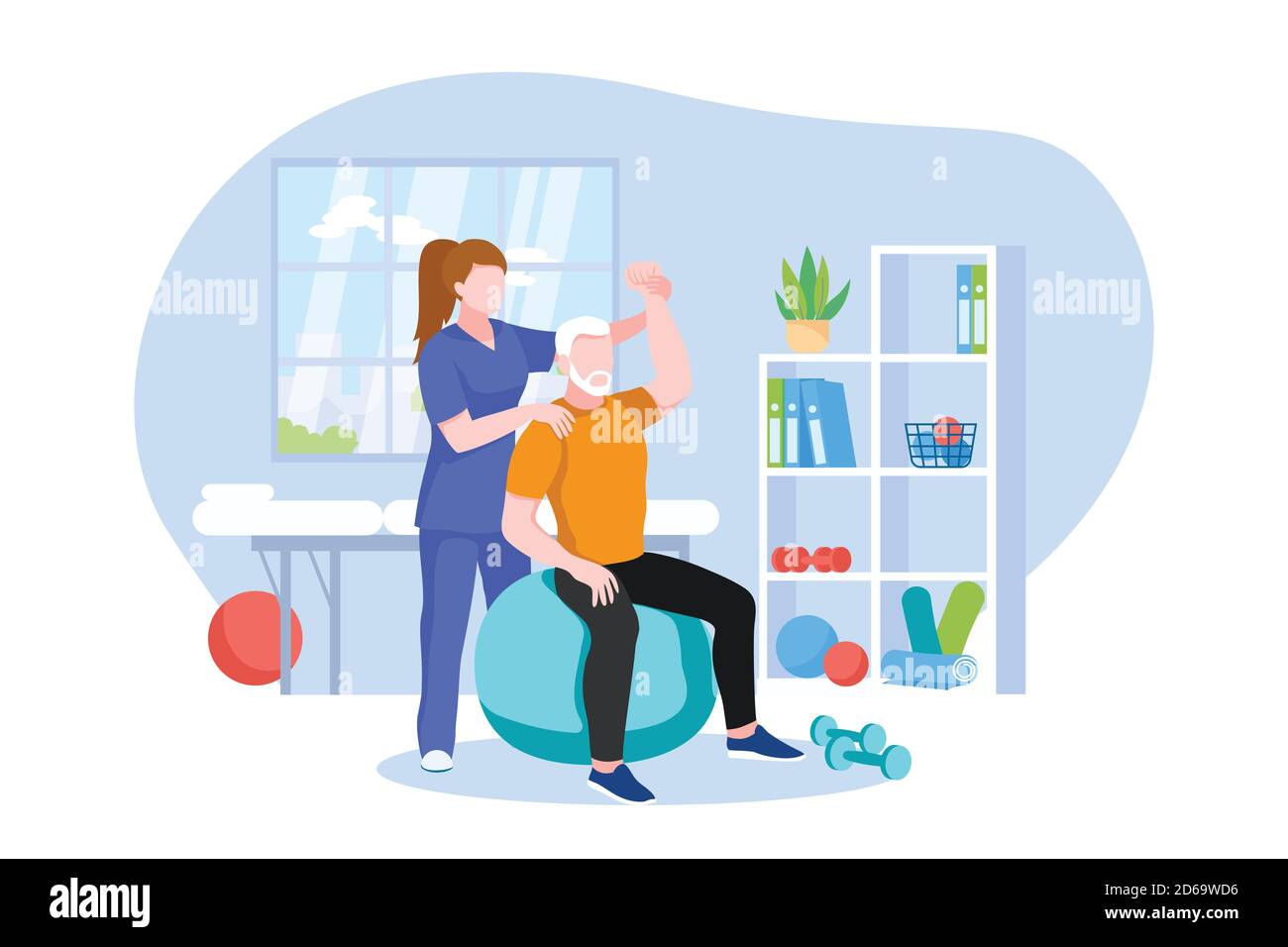 Physiotherapist or rehabilitologist doctor rehabilitates elderly patient. Vector flat cartoon illustration. Physiotherapy rehab, injury recovery and h Stock Vector