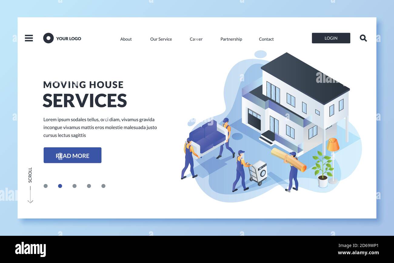Moving service banner design template. Workers carry furniture and household appliances to house. Vector 3d isometric illustration. Move home, relocat Stock Vector