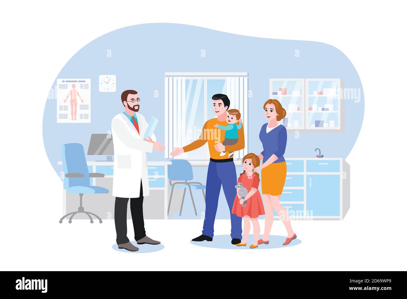 Family doctor with patients in hospital office. Vector flat cartoon  illustration. Medical consultation of therapist or pediatrician in clinic.  Healthc Stock Vector Image & Art - Alamy
