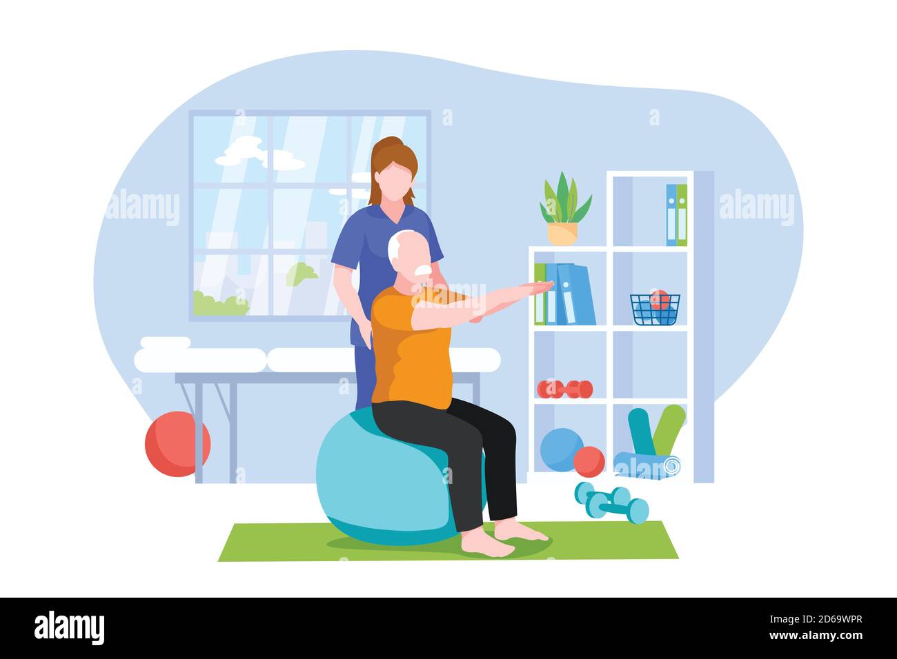 Physiotherapist or rehabilitologist doctor rehabilitates elderly patient. Physiotherapy rehab, injury recovery concept. Vector flat cartoon illustrati Stock Vector