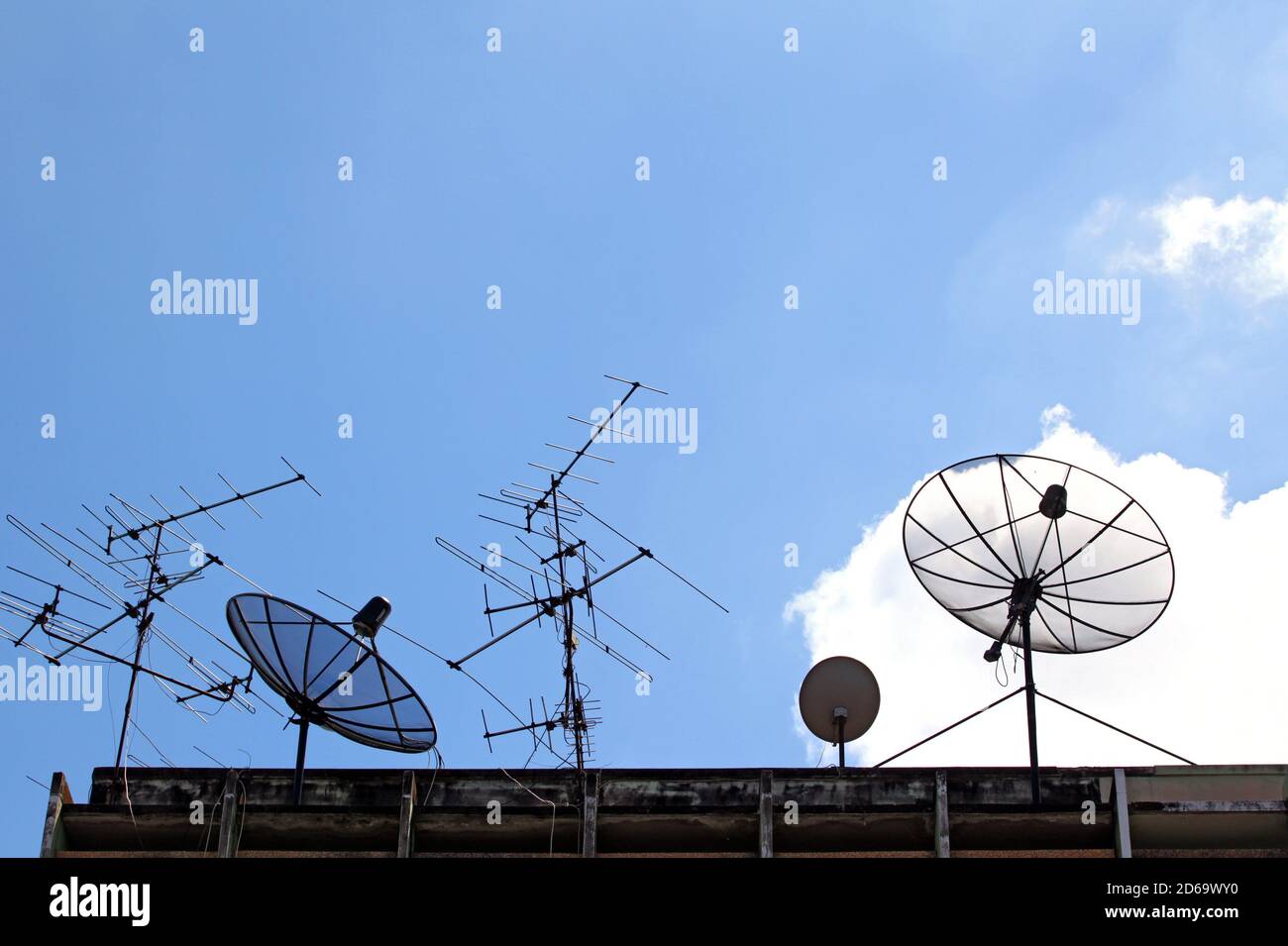 Satellite Dish and radio antenna on top of building Stock Photo Alamy