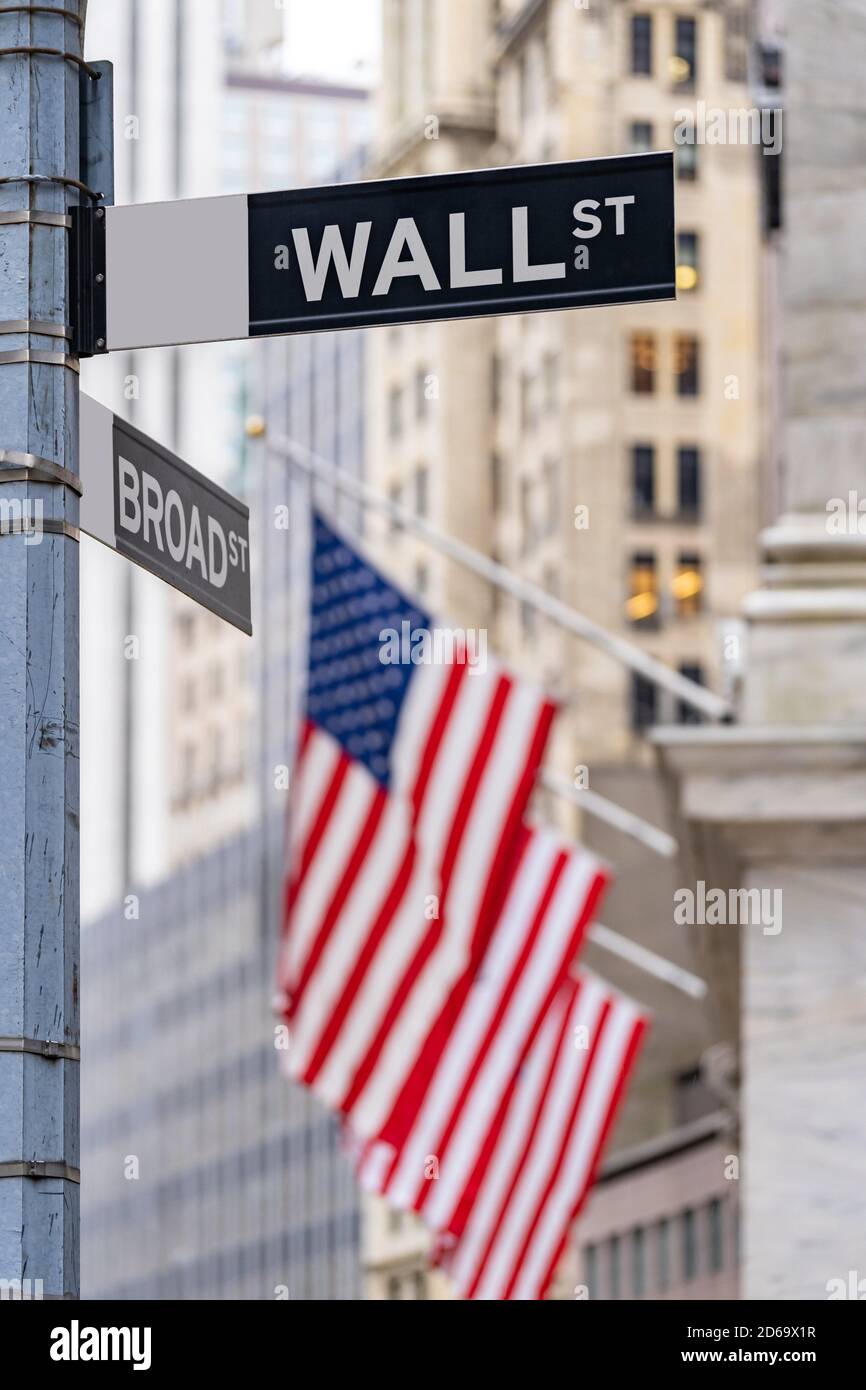 Wall Street Sign With New York Stock Exchange Background New York City Wall Street Sign With New York Stock Exchange Background New York City