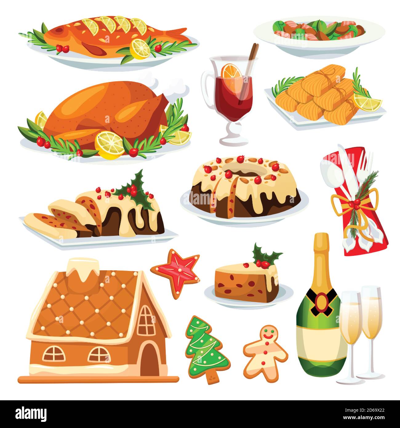 Christmas and New Year holiday menu design elements. Vector flat cartoon illustration. Traditional holiday home made meal. Roasted turkey, gingerbread Stock Vector