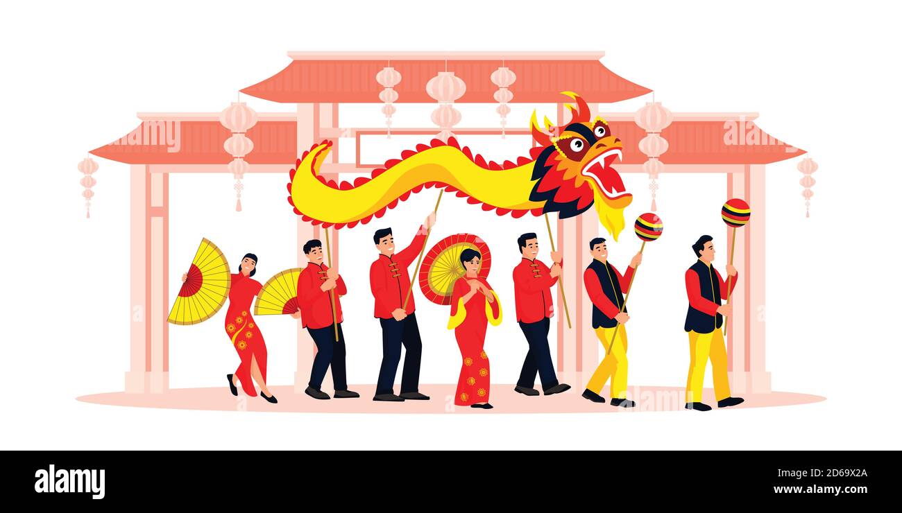 Celebrating Chinese Lunar New Year. Vector flat cartoon illustration of happy dancing people. Holiday performance in china town with dragon, lanterns, Stock Vector