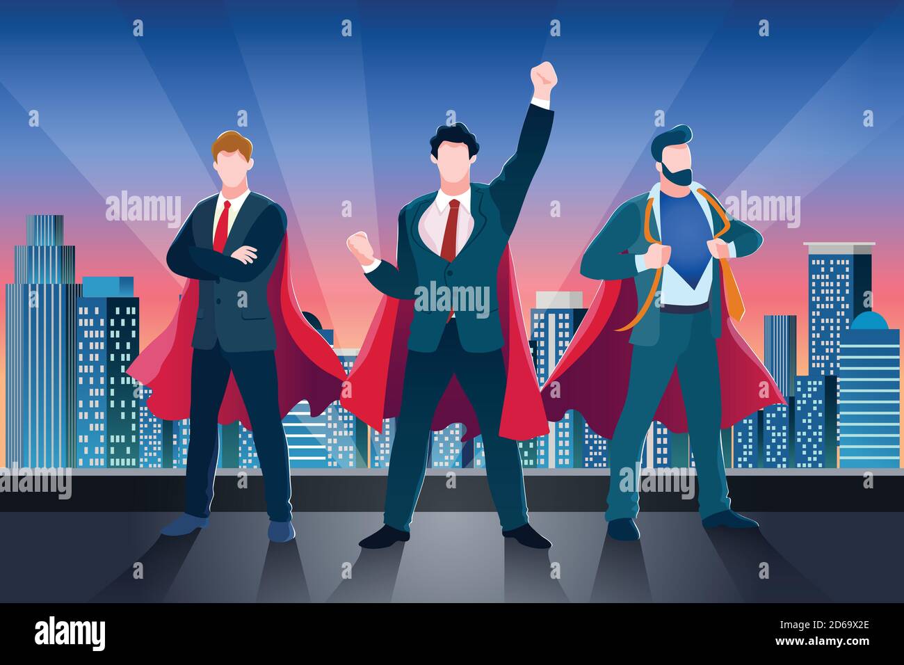 Businessmen in red superhero cloaks and suits on building roof. Vector business metaphor illustration. Concept of success teamwork, leadership. Abstra Stock Vector