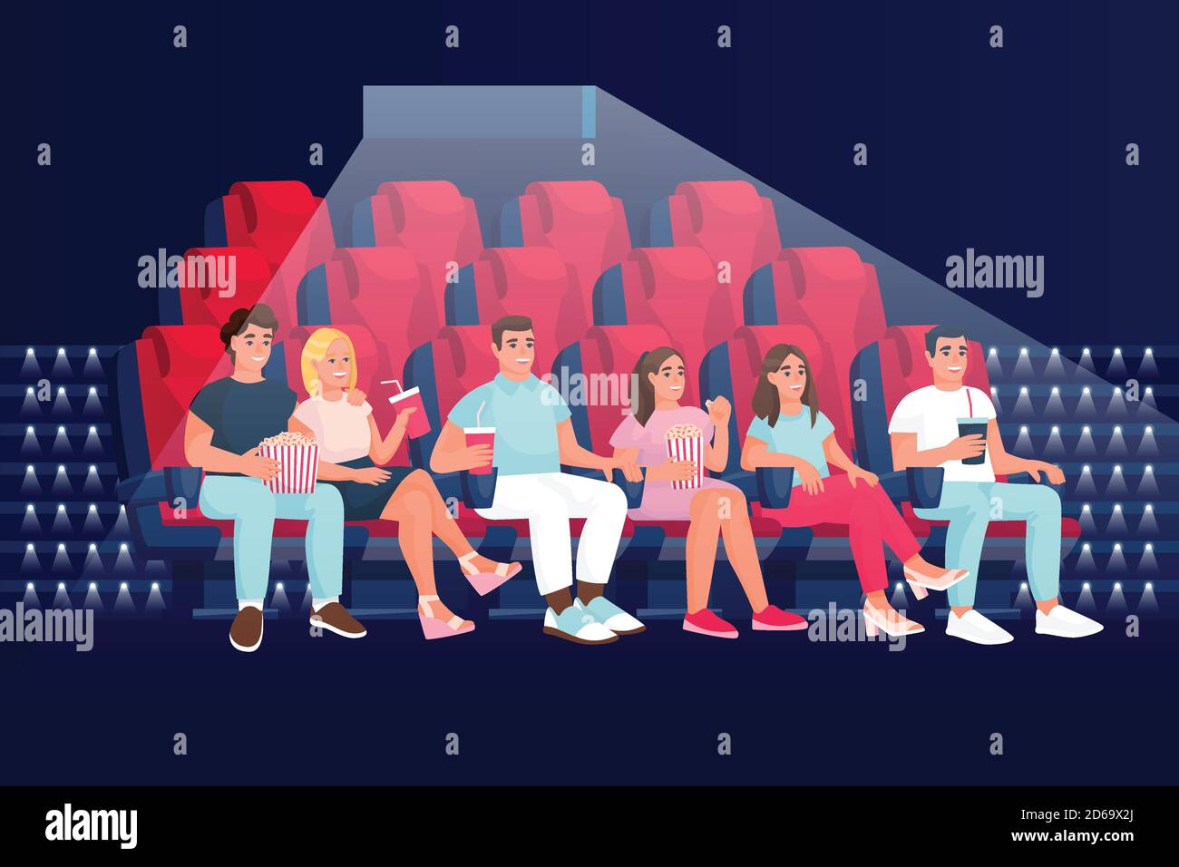 Friends watching comedy movie in cinema and eating popcorn. Flat cartoon vector illustration. People sitting in armchairs in theatre auditorium. Stock Vector