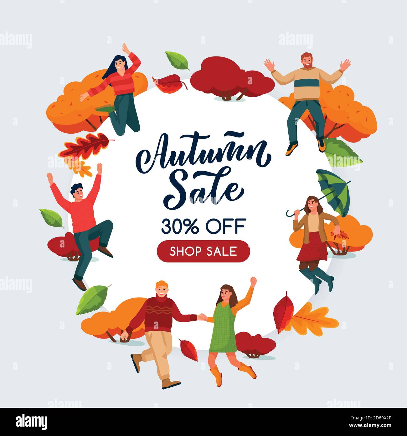 Fall season sale poster, banner design template. Autumn abstract white frame background. Vector flat cartoon illustration of happy jumping people and Stock Vector