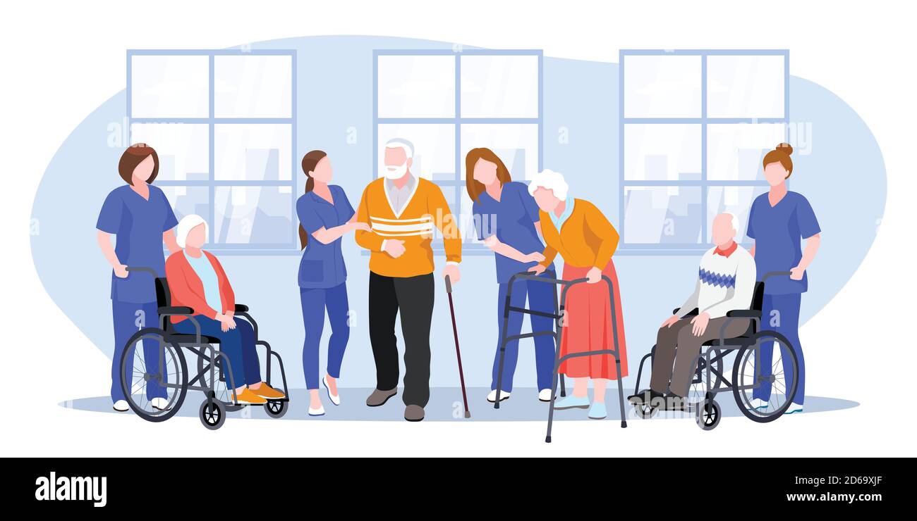 Nurse taking care about seniors people in hospital. Vector flat cartoon illustration. Doctors help elderly people walk and ride wheelchair. Stock Vector