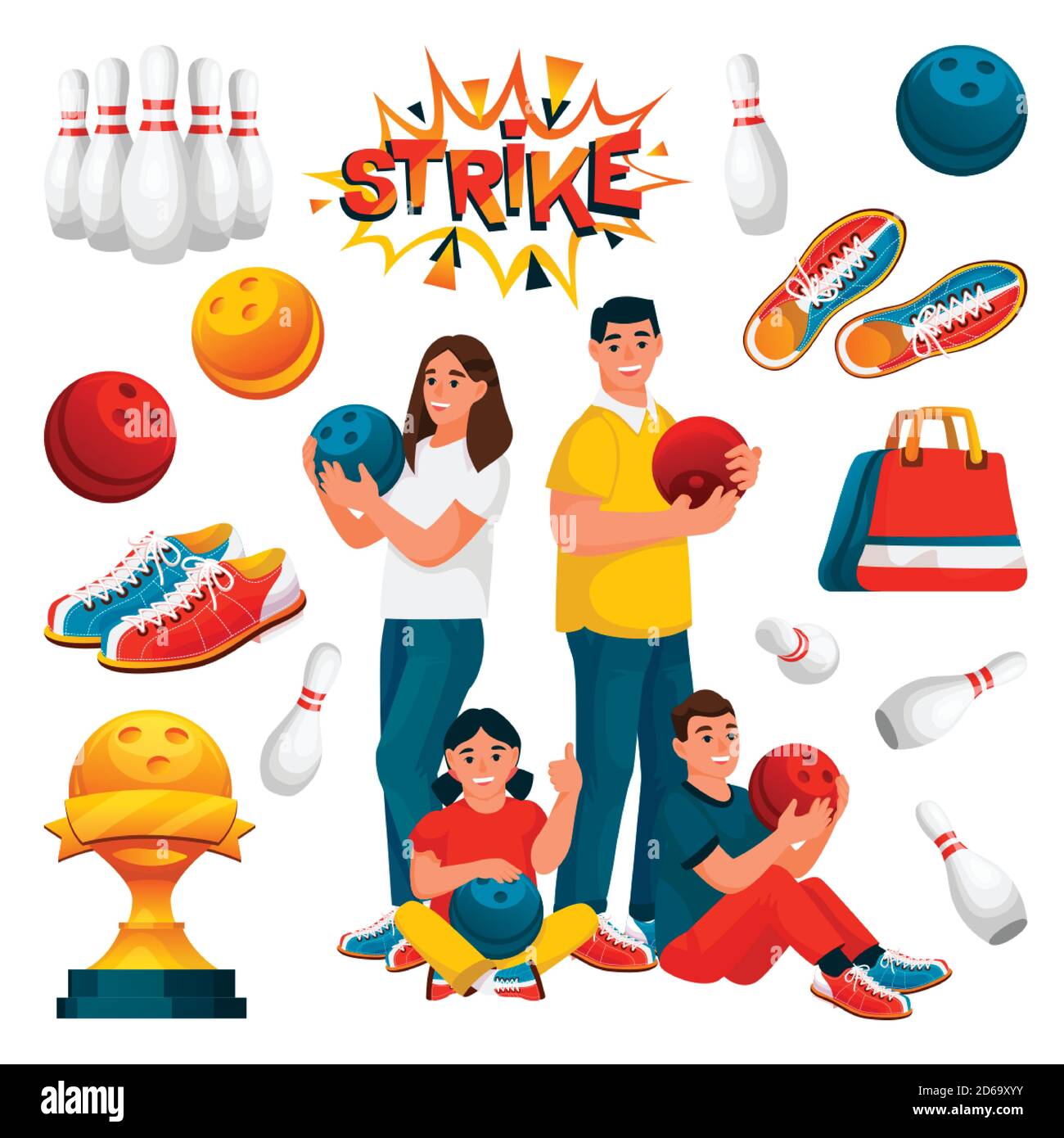 Family team plays bowling. Father, mother and two kids with bowling balls. Vector flat cartoon illustration. Game design elements, isolated on white b Stock Vector
