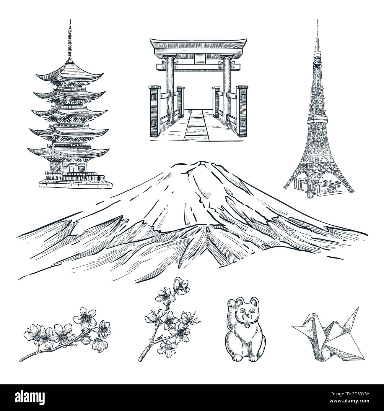 Travel to Japan hand drawn design elements. Vector sketch illustration of pagoda, mountain Fuji, blossom sakura branch, tower and souvenirs. Tokyo fam Stock Vector